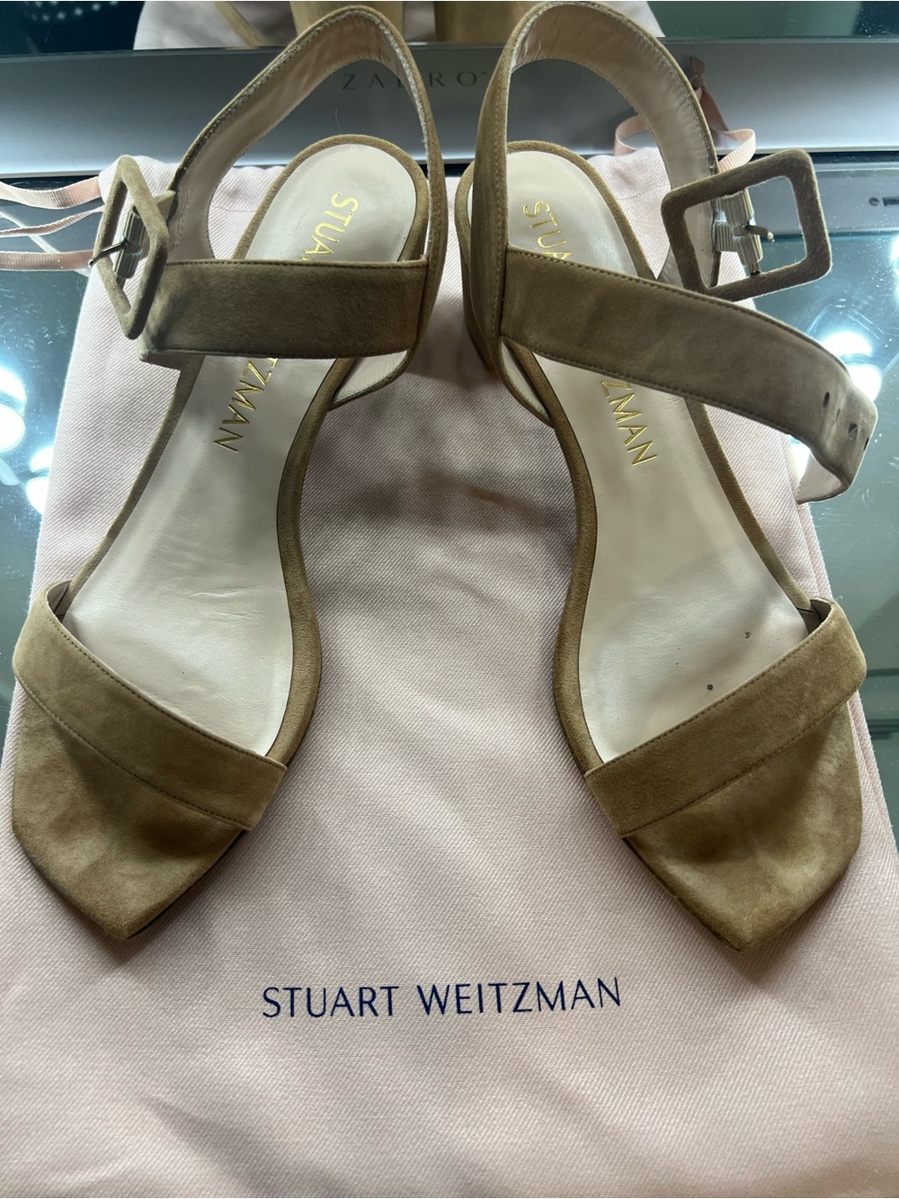 Stuart Weitzman Tan Suede Open-Toe Ankle Strap Heels